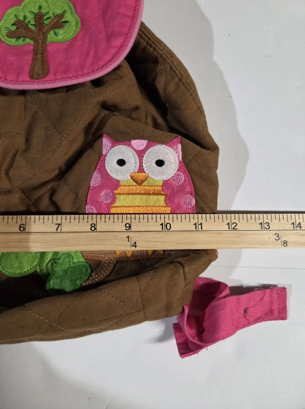 Kids Brown Quilted Backpack with Pink Accents and Owl Appliqué